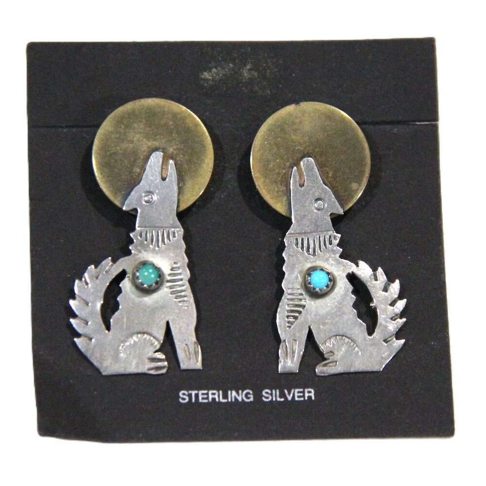 NATIVE AMERICAN STERLING SILVER & TURQUOISE WOLF EARRINGS